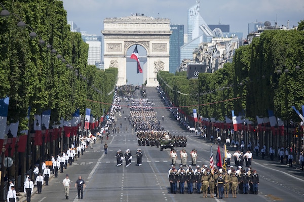 American soldiers, sailors, airmen and Marines lead the annual Bastille Day military parade down the Champs-Elysees in Paris, July 14, 2017.