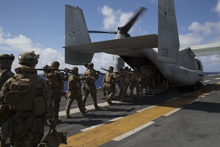 USS BONHOMME RICHARD (LHD 6), Pacific Ocean (July Marines with Kilo Company, Battalion Landing Team, 3rd Battalion, 5th Marines, board an MV-22B Osprey tiltrotor aircraft during Exercise Talisman Saber 2017 aboard the USS Bonhomme Richard (LHD-6) while at sea in the Pacific Ocean, July 8, 2017. Talisman Saber is a biennial exercise designed to improve the interoperability between Australian and U.S. forces. BLT 3/5, the Ground Combat Element of the 31st Marine Expeditionary Unit, is exploring state-of-the-art concepts and technologies as the dedicated force for Sea Dragon 2025, a Marine Corps initiative to prepare for future battles. The 31st MEU is taking part in Talisman Saber while deployed on its regularly-scheduled patrol of the Indo-Asia-Pacific region. 