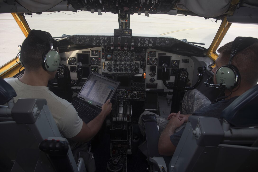 U.S. Air Force Senior Airman Jose Gonzalez, a crew chief assigned to the 6th Aircraft Maintenance Squadron, practices running the engines for a KC-135 Stratotanker aircraft during an engine run course at MacDill Air Force Base, Fla., July 14, 2017. The class trains personnel to safely and correctly run F108 engines. (U.S. Air Force photo by Airman 1st Class Ashley Perdue)