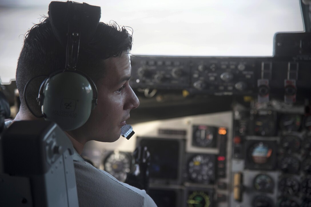 U.S. Air Force Senior Airman Jose Gonzalez, a crew chief assigned to the 6th Aircraft Maintenance Squadron, practices starting the engines for a KC-135 Stratotanker aircraft as the final task for the KC-135R/T Flightline F108 Engine Operator course at MacDill Air Force Base, Fla., July 14, 2017. During the four-day course, maintainers are trained on operational and emergency procedures for the F108 engines on the KC-135. (U.S. Air Force photo by Airman 1st Class Ashley Perdue)