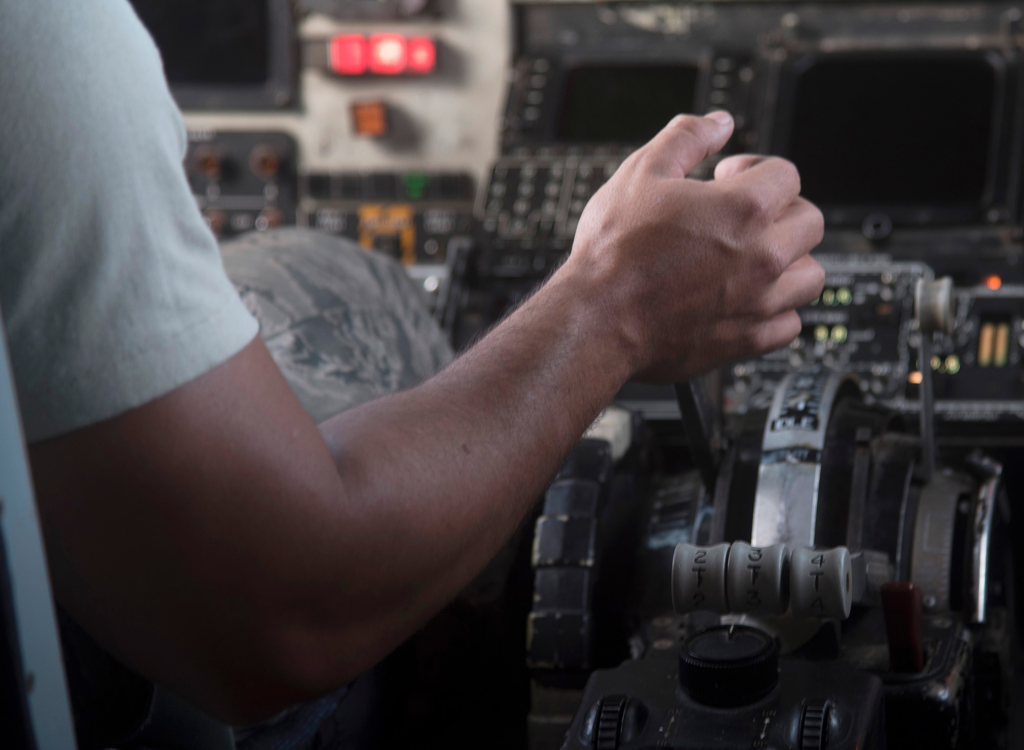 U.S. Air Force Senior Airman Jose Gonzalez, a crew chief assigned to the 6th Aircraft Maintenance Squadron, runs the engines on a KC-135 Stratotanker aircraft during his final task for the KC-135R/T Flightline F108 Engine Operator course at MacDill Air Force Base, Fla., July 14, 2017. During the course, students are taught how to perform an internal and external pre-start check which ensures equipment is properly set up before and after an engine run. (U.S. Air Force photo by Airman 1st Class Ashley Perdue)