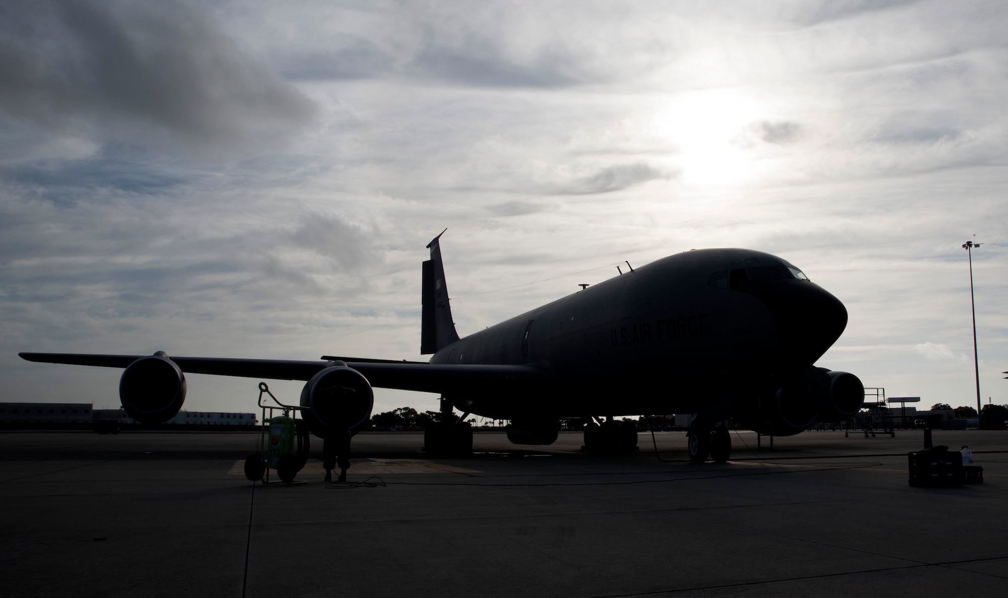 A KC-135 Stratotanker aircraft sits on the flightline at MacDill Air Force Base, Fla., July 14, 2017. Students in the KC-135R/T Flightline F108 Engine Operator course spend their final day applying what they have learned over the four-day course. (U.S. Air Force photo by Airman 1st Class Ashley Perdue)