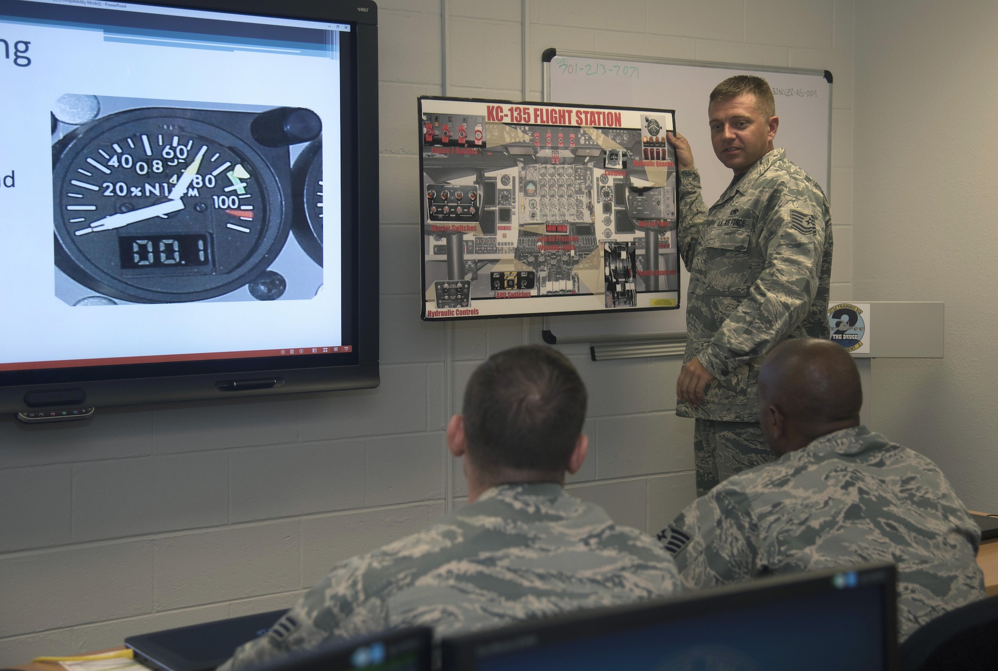 U.S. Air Force Tech. Sgt. Dustin Wegehaupt, a production supervisor and jet engine instructor assigned to the 373rd Training Squadron, Detachment 2, instructs a KC-135R/T Flightline F108 Engine Operator course at MacDill Air Force Base, Fla., July 14, 2017. The course is designed to train and qualify personnel on the flightline to run engines in the instance maintenance issues arise. (U.S. Air Force photo by Airman 1st Class Ashley Perdue)