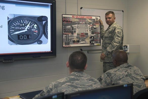 U.S. Air Force Tech. Sgt. Dustin Wegehaupt, a production supervisor and jet engine instructor assigned to the 373rd Training Squadron, Detachment 2, instructs a KC-135R/T Flightline F108 Engine Operator course at MacDill Air Force Base, Fla., July 14, 2017. The course is designed to train and qualify personnel on the flightline to run engines in the instance maintenance issues arise. (U.S. Air Force photo by Airman 1st Class Ashley Perdue)
