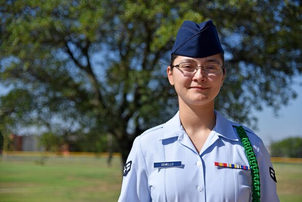 U.S. Air Force Airman 1st Class Taylor DeMello, 315th Training Squadron student, stands for a portrait outside the base theater on Goodfellow Air Force Base, Texas, July 7, 2017. DeMello is the Goodfellow Student of the Month spotlight for June 2017, a series highlighting Goodfellow students. (U.S. Air Force photo by Staff Sgt. Joshua Edwards/Released)