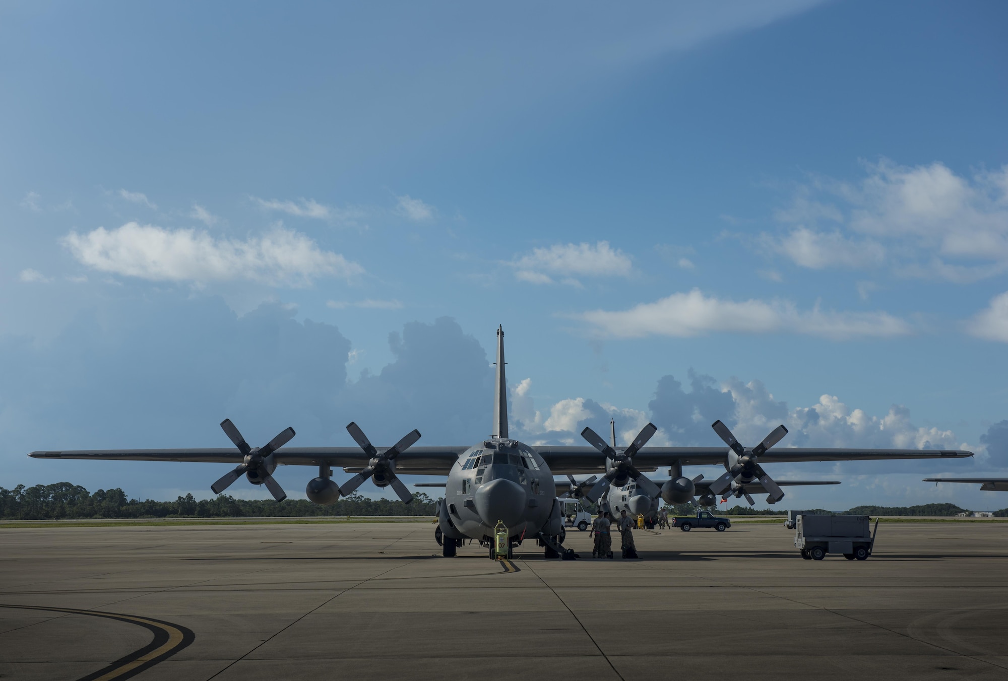 Air Commandos with the 15th Special Operations Squadron prepare an MC-130H Combat Talon II for departure as part of a Hurricane Exercise at Hurlburt Field, Fla., July 7, 2017. A HUREX is designed to prepare military units with the knowledge and skills necessary to protect personnel and equipment in the event of a hurricane. (U.S. Air Force photo by Tech. Sgt. Jeffrey Curtin)