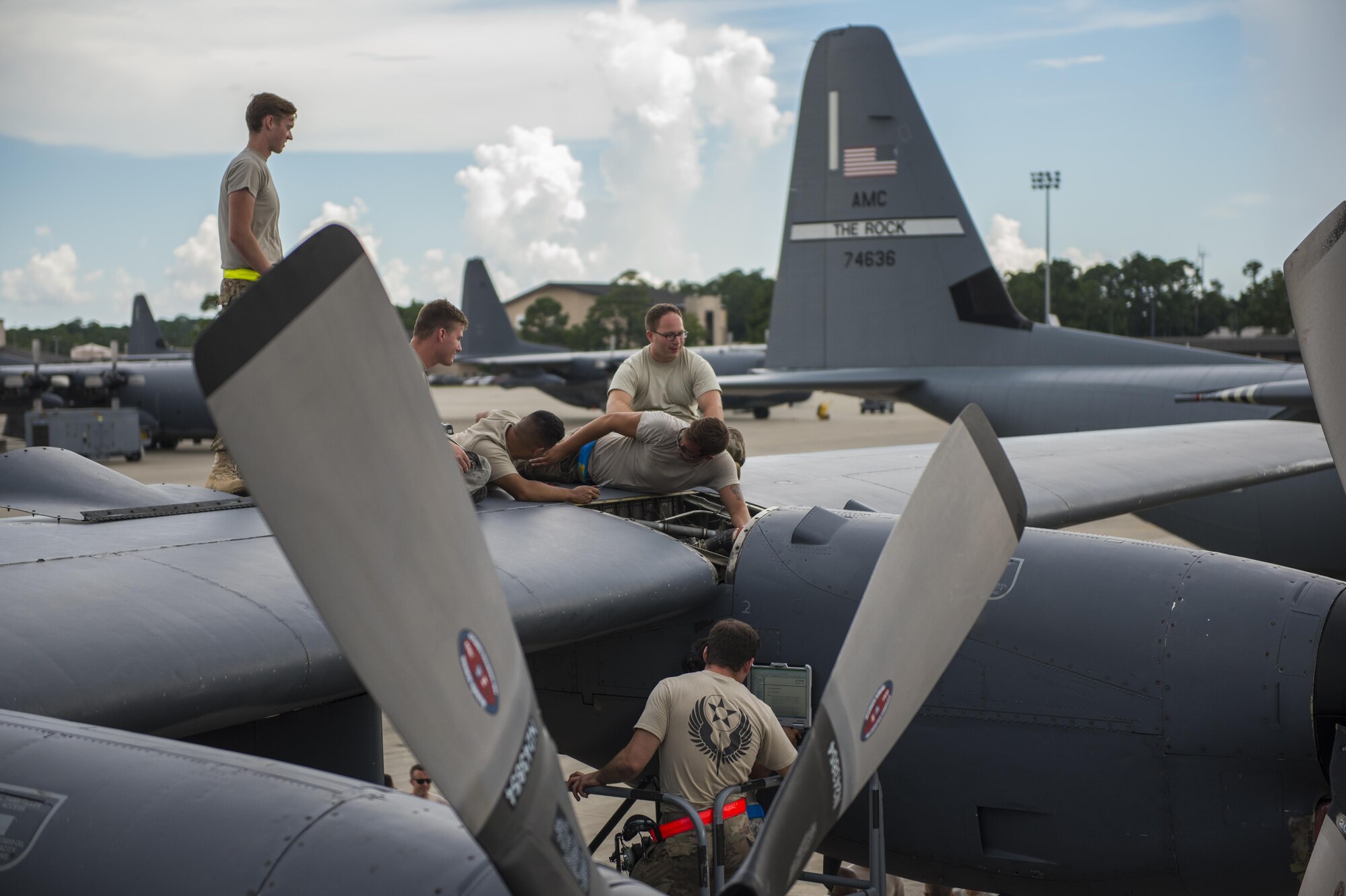 Air Commandos with the 901st Special Operations Maintenance Squadron repair an MC-130H Combat Talon II engine malfunction and train fellow maintainers at Hurlburt Field, Fla., July 7, 2017. Aircraft maintainers are on-call to tend to aircraft issues ensuring mission readiness and the most capable training opportunities. (U.S. Air Force photo by Tech. Sgt. Jeffrey Curtin)