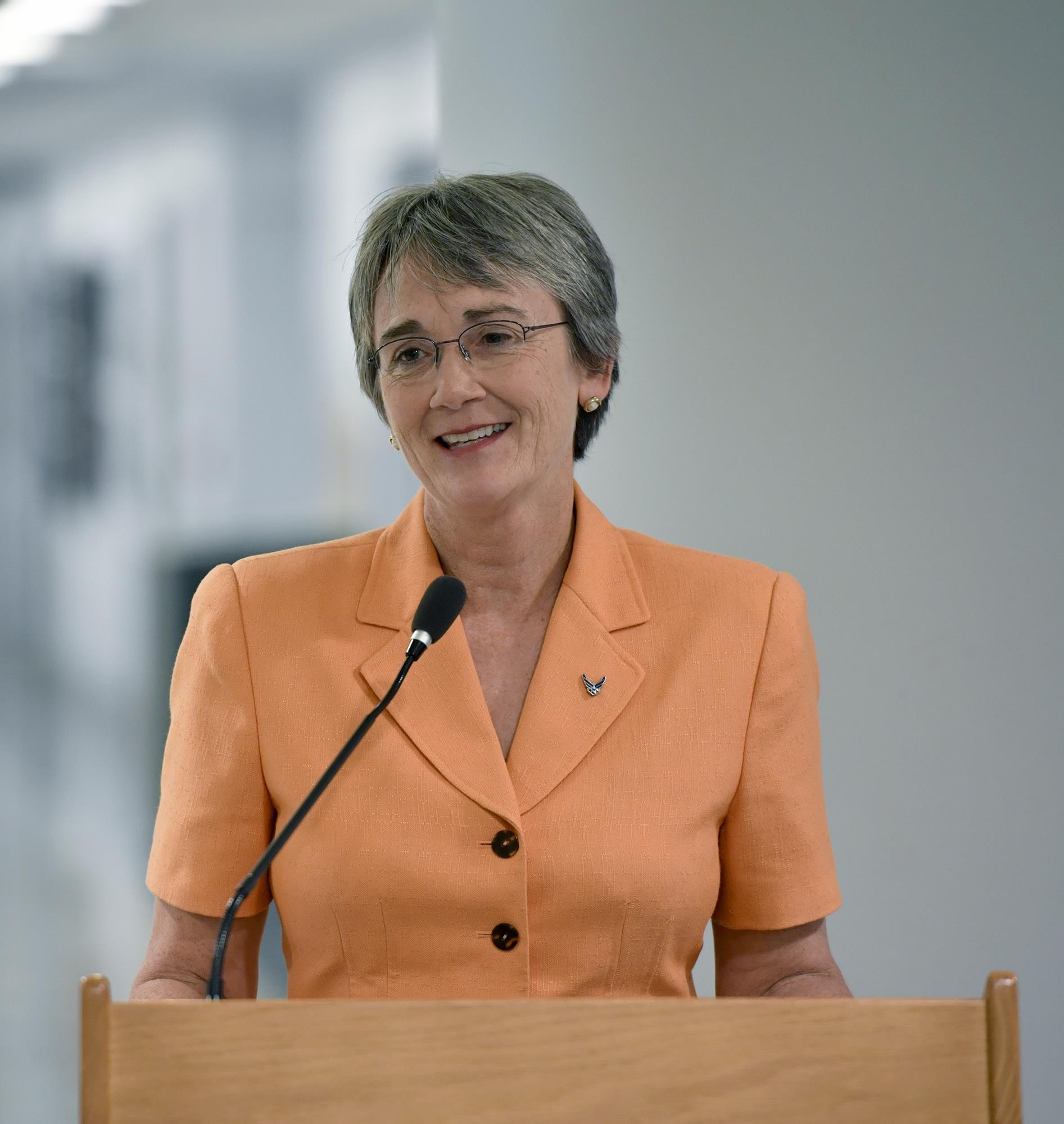 Secretary of the Air Force Heather Wilson speaks during the 2016 Presidential Rank Award ceremony held at the Pentagon, Washington D.C., July 14, 2017. The award is limited each year to only 1 percent of the Air Force’s senior executives and only 5 percent of Senior Executive Service employees may receive the Presidential Meritorious Rank Award. (U.S. Air Force photo/Wayne A. Clark)