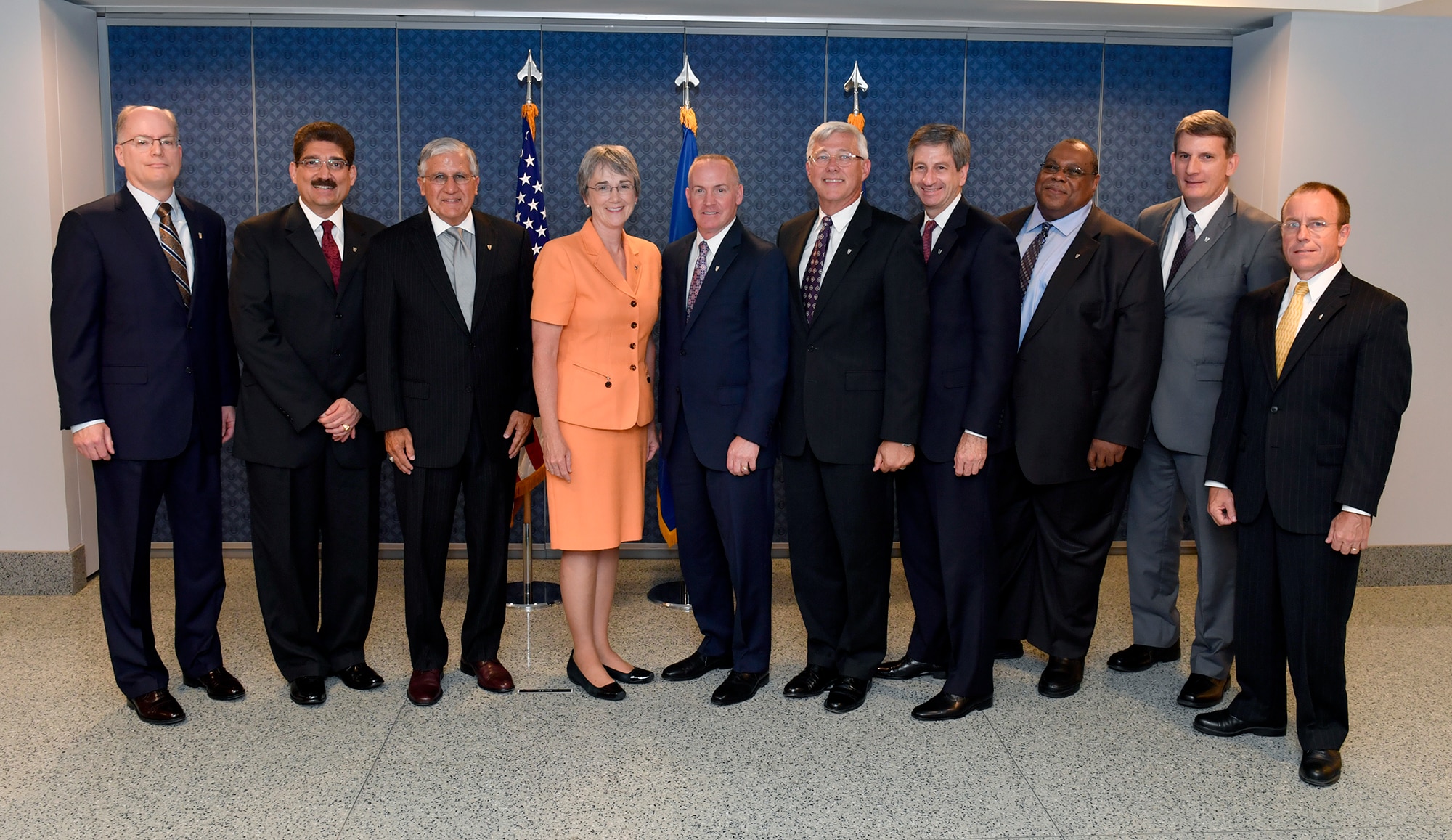 Secretary of the Air Force Heather Wilson (center) stands with the 2016 Presidential Rank Award recipients after a ceremony held at the Pentagon, Washington D.C., July 14, 2017. The award is limited each year to only 1 percent of the Air Force’s senior executives and only 5 percent of Senior Executive Service employees may receive the Presidential Meritorious Rank Award. (U.S. Air Force photo/Wayne A. Clark)