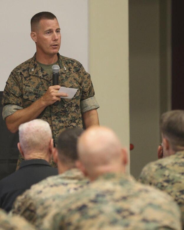 U.S. Marine Corps Col. Jeff Holt, Commanding Officer, School of Infantry West, speaks to guests at the room dedication ceremony for Medal of Honor recipient Col. Robert J. Modrzejewski at the Advanced Infantry Training Battalion, SOI-W, Camp Pendleton, July 14, 2017. 

The ceremony was held to dedicate a classroom, now called the Hall of Heroes, to the Medal of Honor recipients of the past and present. Colonel Robert J. Modrzejewski, a Medal of Honor recipient who retired from the Marine Corps in 1986, was the ceremony’s guest of honor.