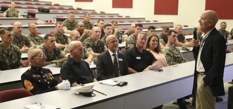 U.S. Marine Corps Medal of Honor recipient Col. Robert J. Modrzejewski ret. speaks to guests about he recived the Medal of Honor at a room dedication ceremony at the Advanced Infantry Training Battalion, School of Infantry West, Camp Pendleton, Calif, July 14, 2017. 

The ceremony was held to dedicate a classroom, now called the Hall of Heroes, to the Medal of Honor recipients of the past and present. Colonel Robert J. Modrzejewski, a Medal of Honor recipient who retired from the Marine Corps in 1986, was the ceremony’s guest of honor. (U.S. Marine Corps photo by Pfc. Noah Rudash)
