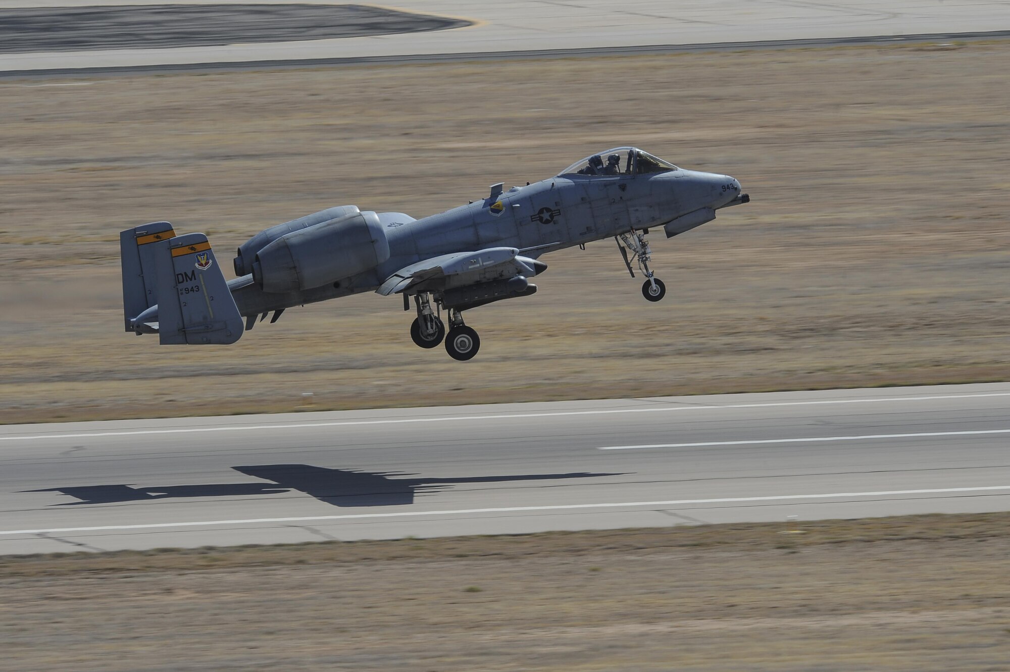 A U.S. Air Force A-10C Thunderbolt II assigned to the 357th Fighter Squadron takes off from the flight line at Davis-Monthan Air Force Base, Ariz., July 12, 2017. The aircraft can survive direct hits from armor-piercing and high explosive projectiles.(U.S. Air Force photo by Senior Airman Mya M. Crosby)
