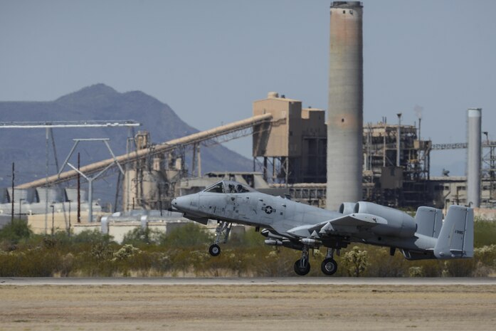 A U.S. Air Force A-10C Thunderbolt II assigned to the 354th Fighter Squadron takes off from Davis-Monthan Air Force Base, Ariz., July 14, 2017. The A-10 weighs approximately 29,000 pounds, with a maxium takeoff weight of 51,000 pounds and a fuel capacity of 11,000 pounds. (U.S. Air Force photo by Senior Airman Mya M. Crosby)