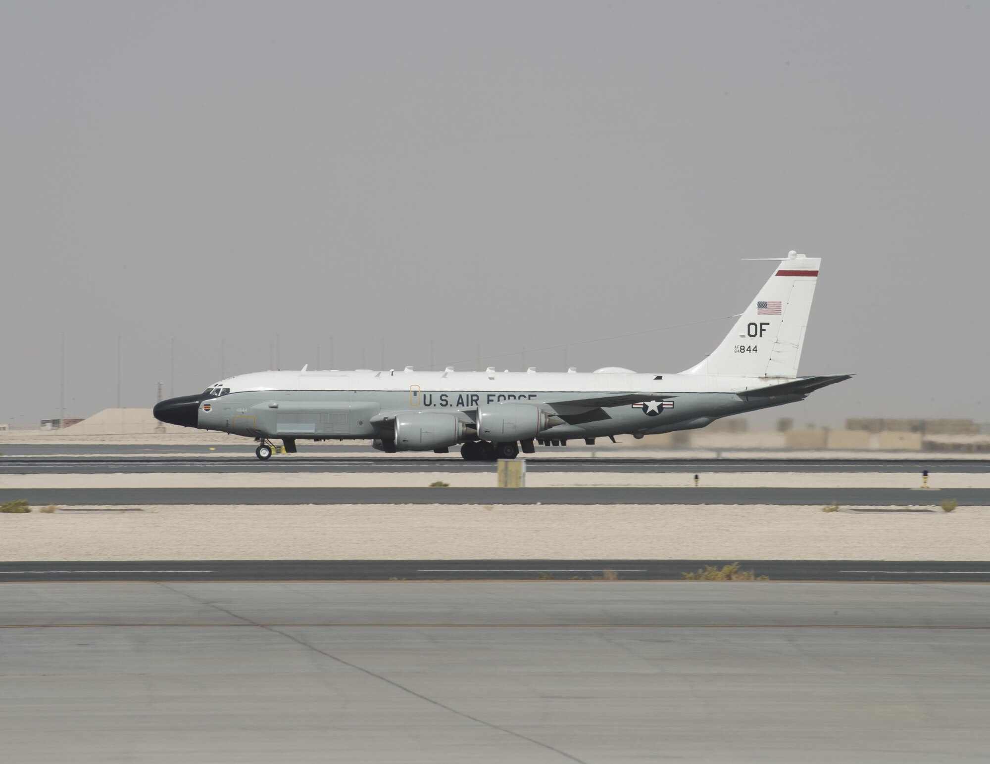 U.S Air Force RC-135V/W Rivet Joint with the 763rd Expeditionary Reconnaissance Squadron takes off at Al Udeid Air Base, Qatar, July 4, 2017.  The 763rd ERS are responsible for gathering near real time on-scene intelligence collection and analysis throughout the U.S. Air Forces Central Command area of responsibility. (U.S. Air Force photo by Tech. Sgt. Amy M. Lovgren)