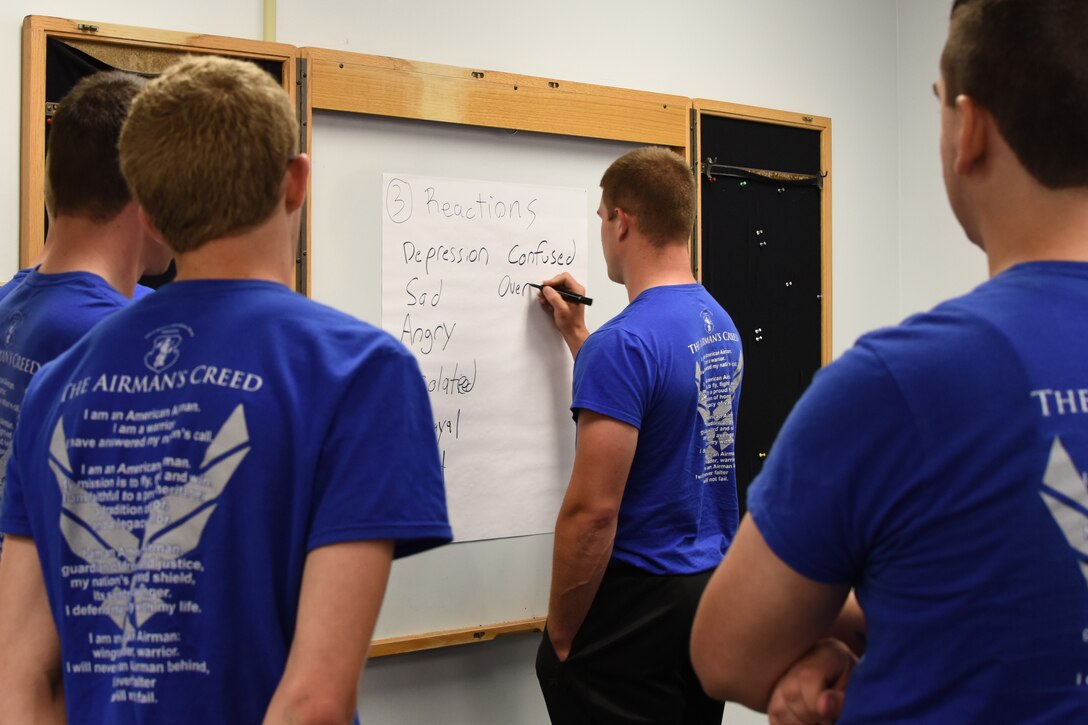 Right Start trainees write down “Reaction,” during an activity in the safeTALK briefing as part of the Newcomers’ Orientation held on base July 15-16, 2017, Middletown, Pennsylvania. The safeTALK brief was part of the newly designed two-day, non-prior service Newcomers’ Orientation at the wing. (U.S. Air National Guard photo by Tech. Sgt. Claire Behney/Released)