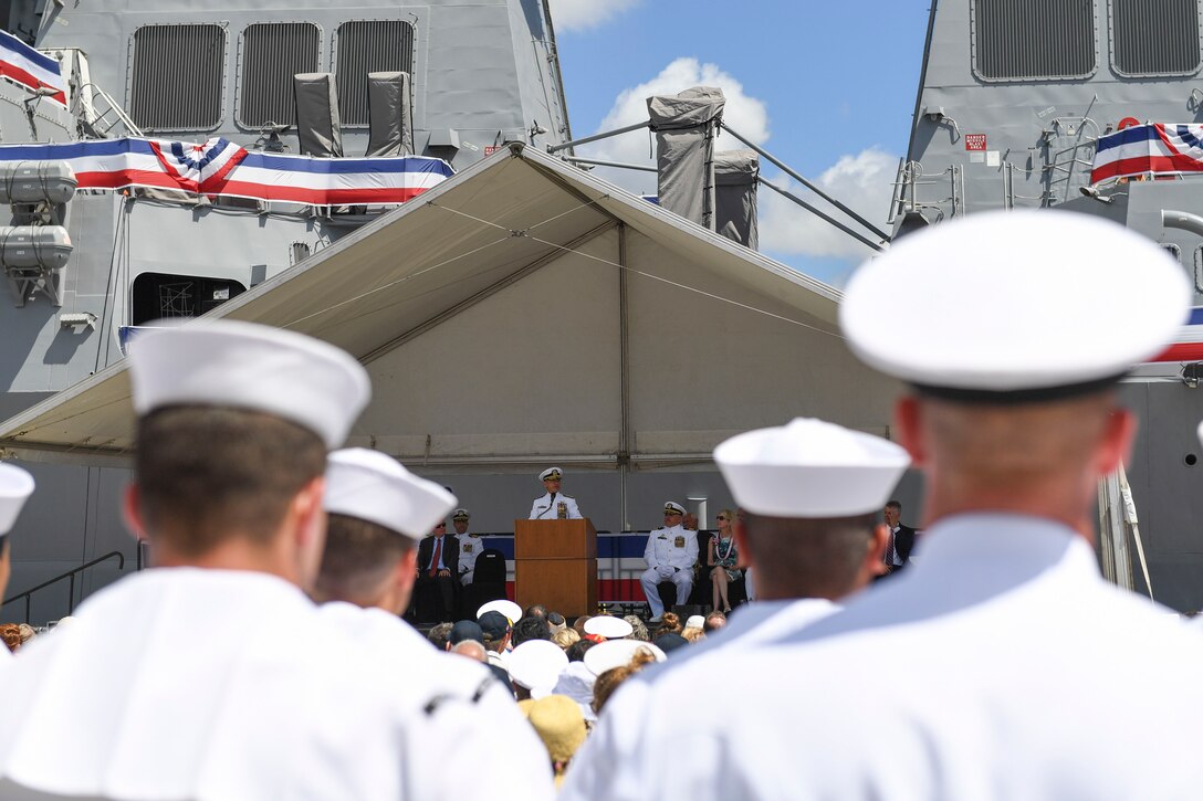 Navy Adm. Harry B. Harris Jr., commander of U.S. Pacific Command, delivers remarks during the commissioning ceremony for the Navy's newest Arleigh Burke-class guided-missile destroyer, USS John Finn, during a ceremony at Pearl Harbor, Hawaii, July 15, 2017. The vessel is named for Navy Lt. John W. Finn, the first Medal of Honor recipient of World War II. Navy photo by Petty Officer 2nd Class Aiyana Paschal