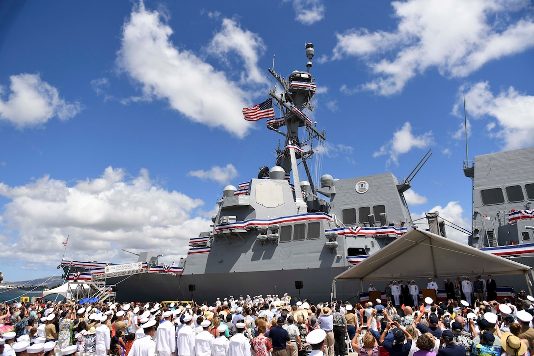 The crew of the Navy's newest Arleigh Burke-class guided-missile destroyer, USS John Finn, brings the ship to life during its commissioning ceremony at Pearl Harbor, Hawaii, July 15, 2017. The vessel is named for Navy Lt. John W. Finn, the first Medal of Honor recipient of World War II. Navy photo by Petty Officer 2nd Class Aiyana Paschal
