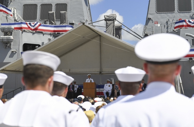 Navy Adm. Harry B. Harris Jr., commander of U.S. Pacific Command, delivers remarks during the commissioning ceremony for the Navy's newest Arleigh Burke-class guided missile destroyer, the USS John Finn, at Pearl Harbor, Hawaii, July 15, 2017. Navy photo by Petty Officer 2nd Class Aiyana Pascha