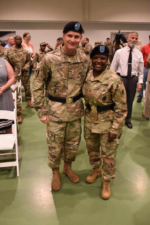 Brig. Gen. Donna Martin and Maj. Gen. Kent Savre, the commanding general of Maneuver Support Center Of Excellence, pose for a photo after Martin’s assumption as the new Chief of the Military Police Corps Regiment and Commandant of the U.S. Army Military Police School at Fort Leonard Wood, Missouri, July 14, 2017. (U.S. Army Reserve photo by 2nd. Lt. Ubon Mendie)