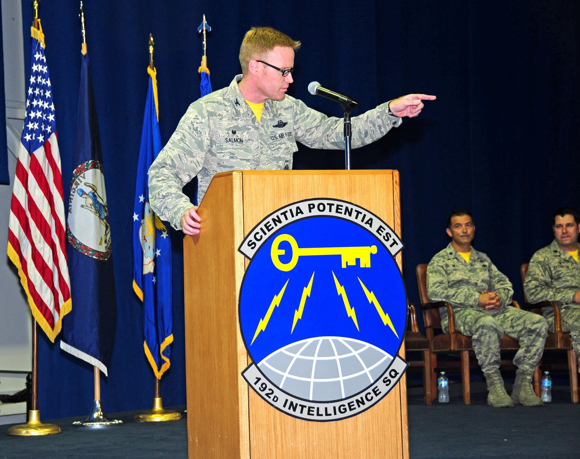 The 192nd Fighter Wing Intelligence Squadron celebrated a change of command in a ceremony June 25, 2016, at Joint Base Langley-Eustis, Virginia. Lt. Col. Chris Batterton assumed command of the 192nd IS from Lt. Col. David Lands. (U.S. Air National Guard photo by Staff Sgt. Johnisa B. Roberts)