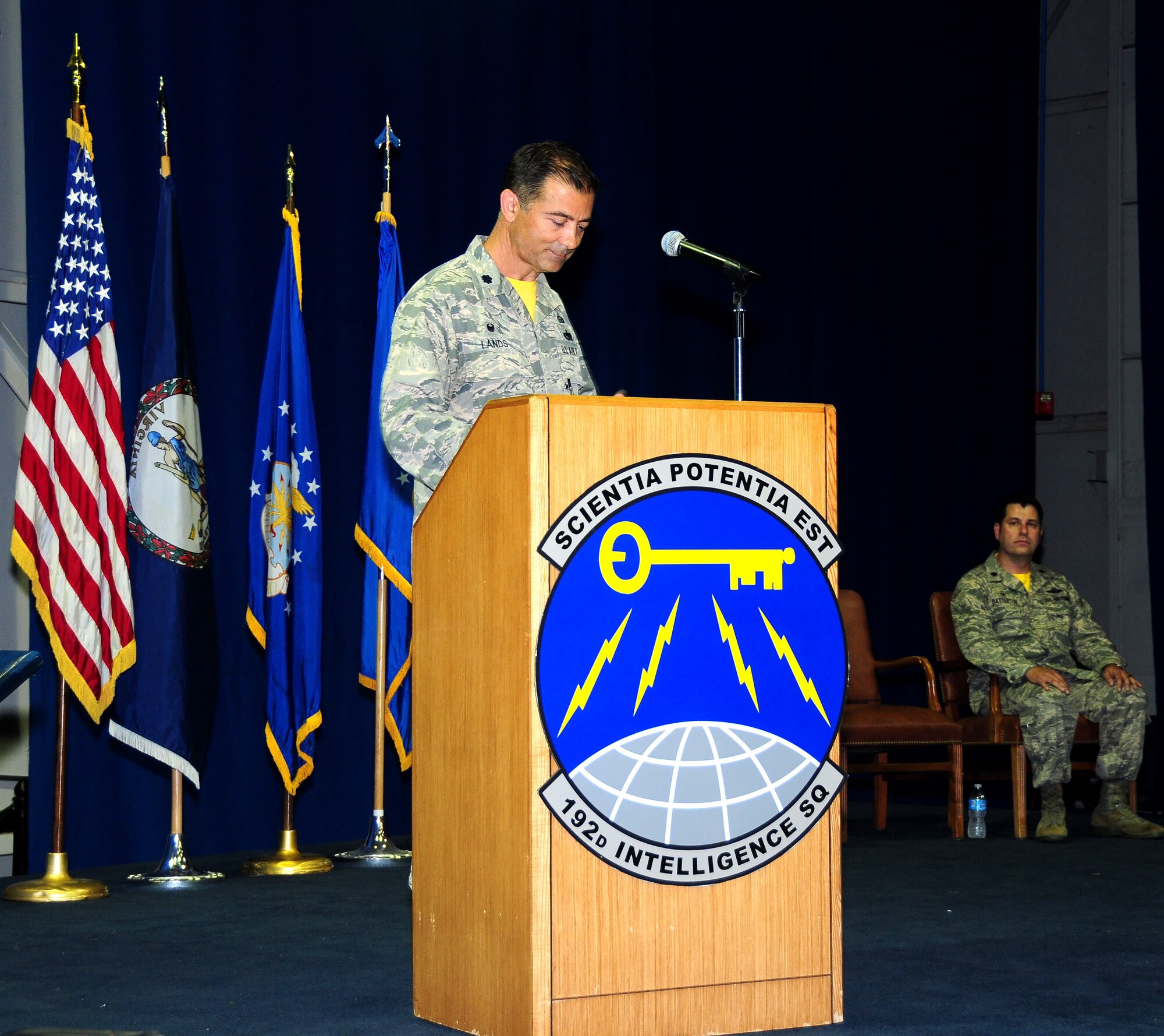 The 192nd Fighter Wing Intelligence Squadron celebrated a change of command in a ceremony June 25, 2016, at Joint Base Langley-Eustis, Virginia. Lt. Col. Chris Batterton assumed command of the 192nd IS from Lt. Col. David Lands. (U.S. Air National Guard photo by Staff Sgt. Johnisa B. Roberts)