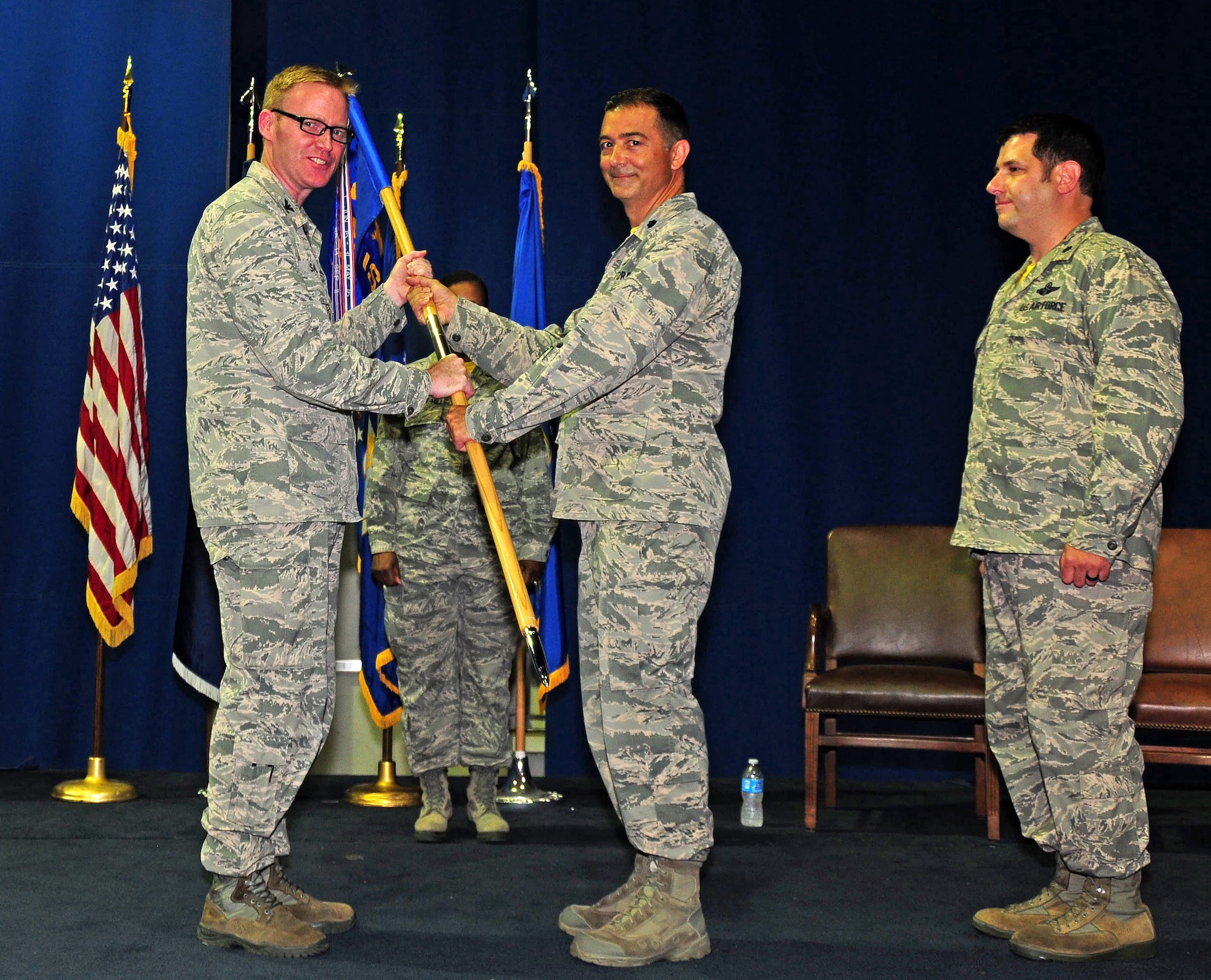The 192nd Fighter Wing Intelligence Squadron celebrated a change of command in a ceremony June 25, 2016, at Joint Base Langley-Eustis, Virginia. Lt. Col. Chris Batterton assumed command of the 192nd IS from Lt. Col. David Lands. (U.S. Air National Guard photo by Staff Sgt. Johnisa B. Roberts)