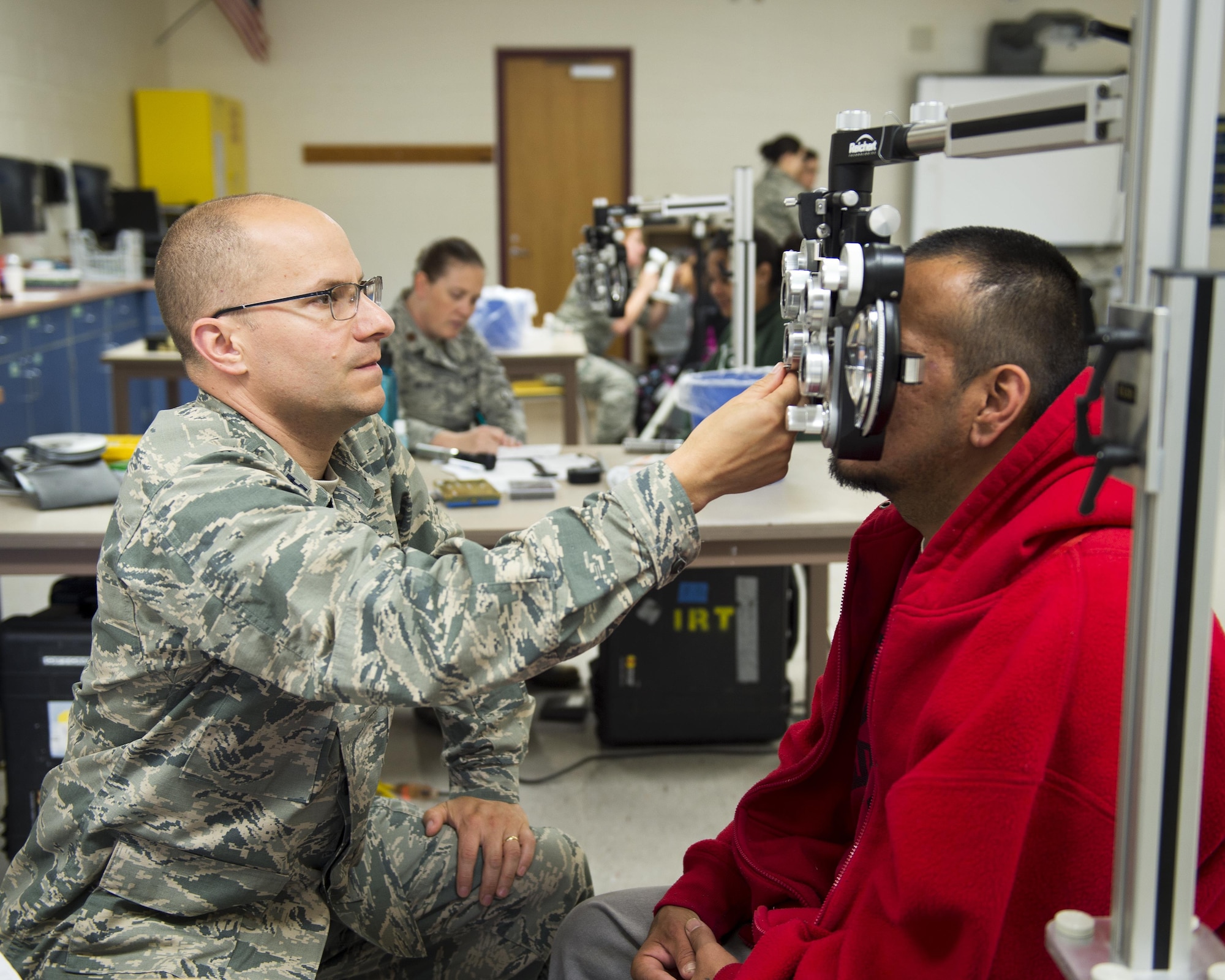 U.S. Air Force airmen from the 133rd and 148th Medical Group, Minnesota Air National Guard, partner with reservists from around the country to provide medical care services during Innovative Readiness Training at Cass Lake-Bena High School in Cass Lake, Minn., July 13, 2017. The IRT at Cass Lake is a multi-service medical mission that provides military members with “hands-on” training opportunities, while at the same time providing medical care services to the local community.
(U.S. Air National Guard photo by Tech. Sgt. Austen R. Adriaens/Released)