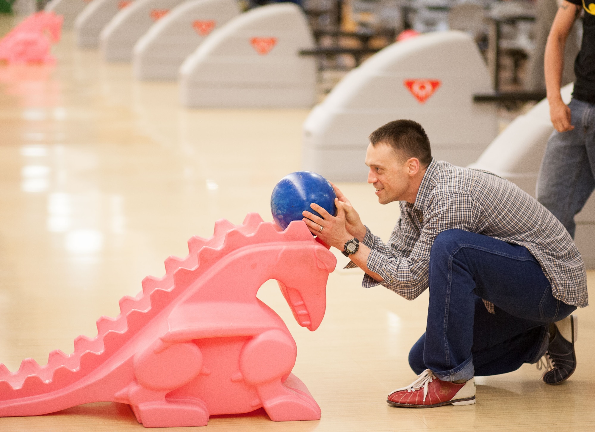 Maj. Rob “DX” Engelmann, 860th Network Operations Squadron director of operations, practices cyber tactics, techniques and procedures using bowling precision using the dinosaur strategy. The unit will soon say farewell to Engelmann, who’s served as one of the unit’s founding members. (Courtesy photo)
