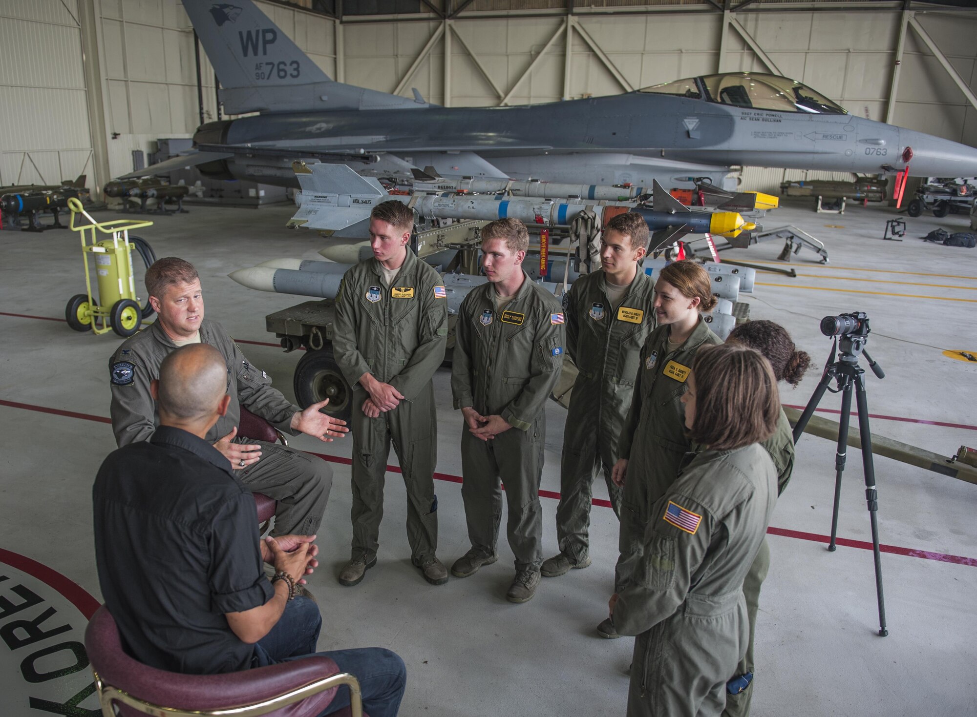 U.S. Air Force Academy Cadets discuss the role of public communications in the Air Force with Col. David Shoemaker, 8th Fighter Wing commander and Vladimir Duthiers, CBS correspondent July 10, 2017, at Kunsan Air Base, Republic of Korea. The cadets had the opportunity to sit in and listen to an interview between Shoemaker and Duthiers as a part of their two and a half week immersion program, known as Operations Air Force. (U.S. Air Force photo by Senior Airman Colville McFee/Released)