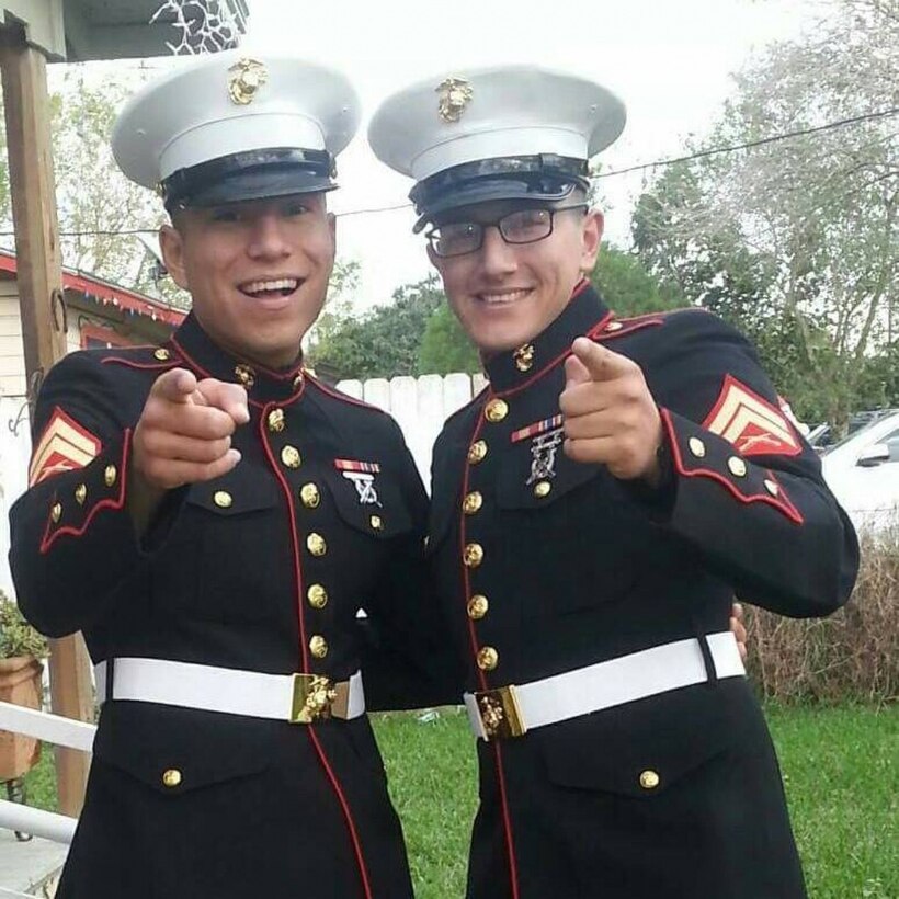 Sgt. Gregorio Palacios ,left, Cpl. David Rodriguez ,right, and Cpl. Robert “Bobby” Lozano, all currently active-duty Marines stationed in Okinawa, Japan, joined the Marine Corps in 2013. Once joining, the trio never imagined they would eventually be stationed in a foreign country together. 