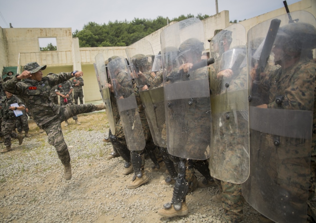A Republic of Korea Marine attempts to break through a riot control line during riot control training, at Pohang, South Korea, June 22, 2017. ROK Marines simulated rioters by attempting to break through the riot control line as defenders subdued the aggressors. U.S. and ROK Marines practice their non-lethal force tactics during Korean Marine Exchange Program 17-7. KMEP 17-7 is just one of the many opportunities made possible for ROK and U.S. Marines to learn and train with one another. The U.S. Marines are military policemen with Bravo Company, 3rd Law Enforcement Battalion, III Marine Expeditionary Force. (U.S. Marine Corps photo by Lance Cpl. Andy Martinez) 