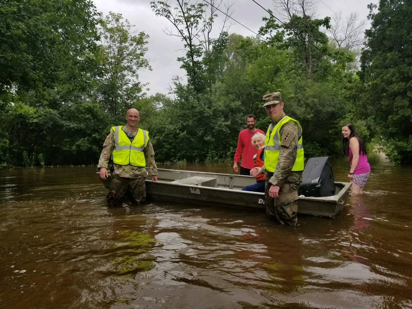 Wisconsin National Guard members helped evacuate people stranded by floodwaters in the Burlington, Wis., area on July 15, 2017.
