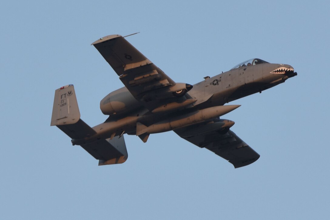 A U.S. Air Force A-10 Thunderbolt II flies overhead July 15, 2017, at Incirlik Air Base, Turkey. The A-10s are deployed here from the 74th Fighter Squadron, Moody Air Force Base, Georgia, in support of Operation Inherent Resolve. (U.S. Air Force photo by Airman 1st Class Kristan Campbell)