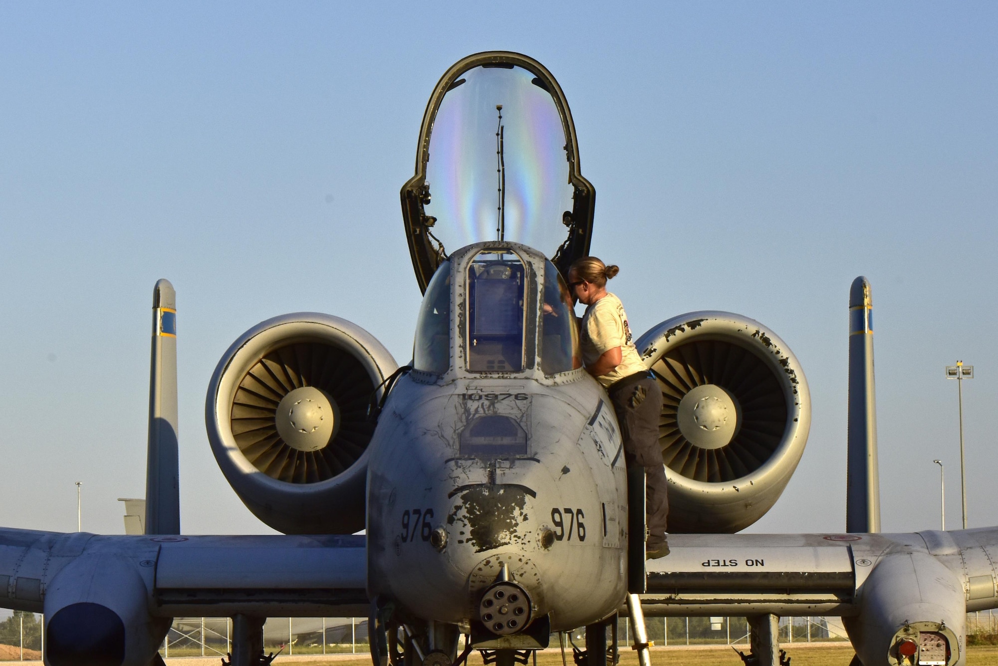 A maintainer from the 447th Expeditionary Aircraft Maintenance Squadron prepares Lt. Col. Ben Rudolphi, 407th Expeditionary Operation Support Squadron commander, for flight in an A-10 Thunderbolt II July 11, 2017, at Incirlik Air Base, Turkey.  Rudolphi has provided a dual role in Operation INHERENT RESOLVE as the commander of the 407th EOSS in Southwest Asia and being directly in the fight against ISIS conducting A-10 flying missions with the 447th Air Expeditionary Group.The A-10 supports ground forces with rapid employment close air and contact support. It utilizes a variety of bomb, missiles and a 30mm GAU-8 seven-barrel Gatling gun. (U.S. Air Force photo by Senior Airman Ramon A. Adelan)
