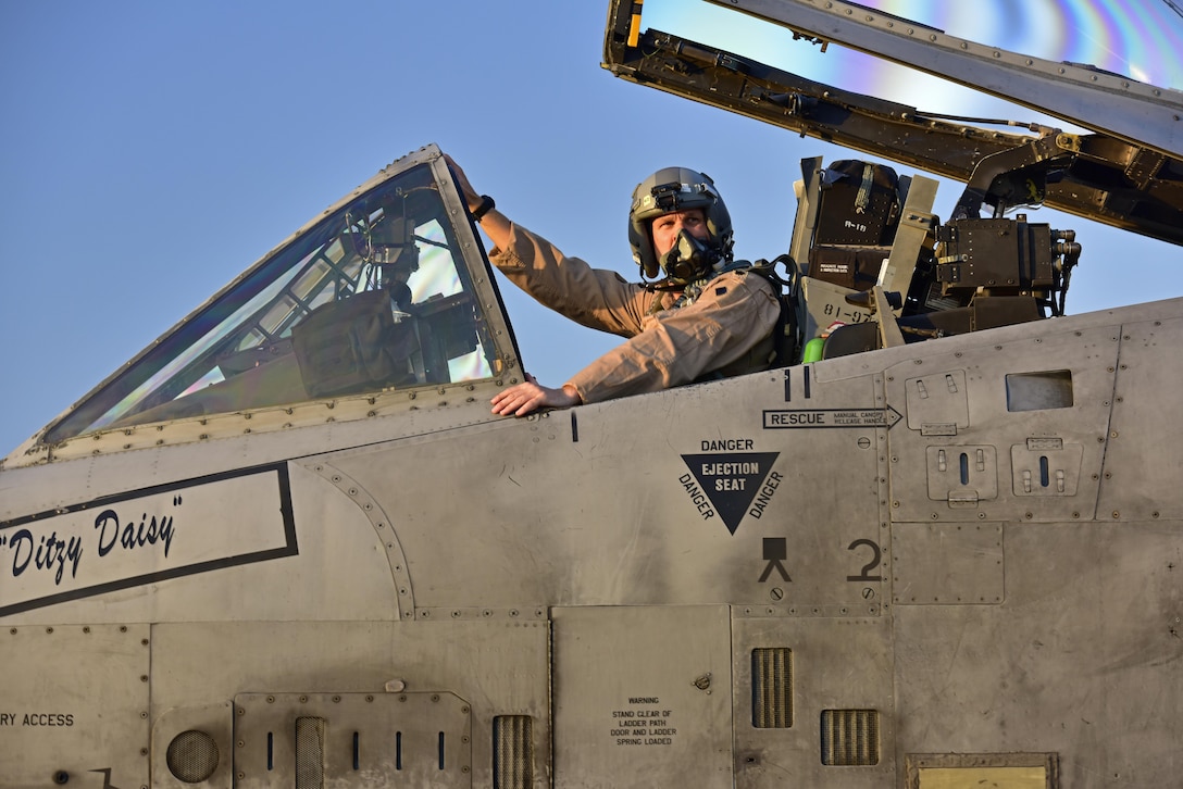 Lt. Col. Ben Rudolphi, 407th Expeditionary Operation Support Squadron commander, prepares to taxi to the flightline in an A-10 Thunderbolt II July 11, 2017, at Incirlik Air Base, Turkey. Rudolphi has provided a dual role in Operation INHERENT RESOLVE as the commander of the 407th EOSS in Southwest Asia and being directly in the fight against ISIS conducting A-10 flying missions with the 447th Air Expeditionary Group. The A-10 supports ground forces with rapid employment close air and contact support. It utilizes a variety of bomb, missiles and a 30mm GAU-8 seven-barrel Gatling gun.(U.S. Air Force photo by Senior Airman Ramon A. Adelan)