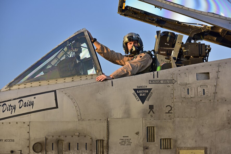 Lt. Col. Ben Rudolphi, the 407th Expeditionary Operation Support Squadron commander, prepares to taxi to the flightline in an A-10 Thunderbolt II July 11, 2017, at Incirlik Air Base, Turkey. Rudolphi has provided a dual role in Operation Inherent Resolve as the commander of the 407th EOSS in Southwest Asia and being directly in the fight against the Islamic State of Iraq and Syria conducting A-10 flying missions with the 447th Air Expeditionary Group. The A-10 supports ground forces with rapid employment close air and contact support. It utilizes a variety of bombs, missiles and a 30mm GAU-8 seven-barrel Gatling gun. (U.S. Air Force photo/Senior Airman Ramon A. Adelan)