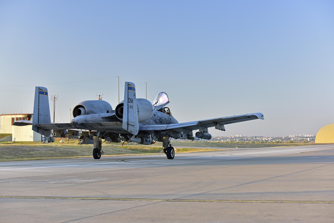 Lt. Col. Ben Rudolphi, 407th Expeditionary Operation Support Squadron commander, taxsi to the flightline in an A-10 Thunderbolt II July 11, 2017, at Incirlik Air Base, Turkey. Rudolphi has provided a dual role in Operation INHERENT RESOLVE as the commander of the 407th EOSS in Southwest Asia and being directly in the fight against ISIS conducting A-10 flying missions with the 447th Air Expeditionary Group.The A-10 supports ground forces with rapid employment close air and contact support. It utilizes a variety of bomb, missiles and a 30mm GAU-8 seven-barrel Gatling gun.(U.S. Air Force photo by Senior Airman Ramon A. Adelan)
