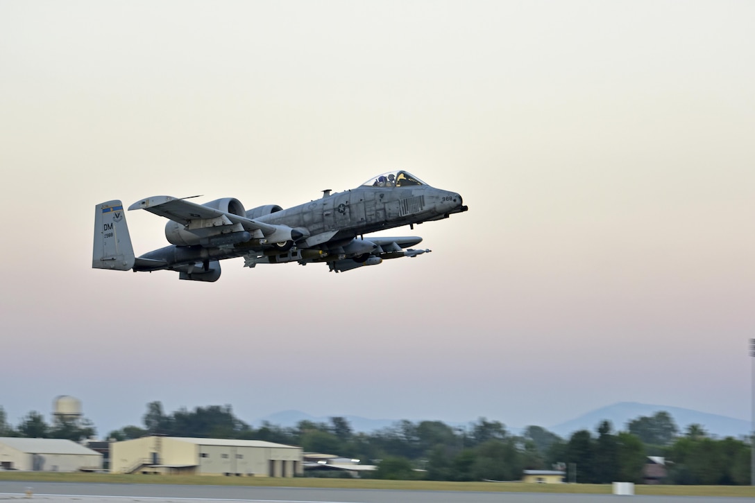 Lt. Col. Ben Rudolphi, 407th Expeditionary Operation Support Squadron commander, takesoff in an A-10 Thunderbolt II July 11, 2017, at Incirlik Air Base, Turkey. Rudolphi has provided a dual role in Operation INHERENT RESOLVE as the commander of the 407th EOSS in Southwest Asia and being directly in the fight against ISIS conducting A-10 flying missions with the 447th Air Expeditionary Group.The A-10 supports ground forces with rapid employment close air and contact support. It utilizes a variety of bomb, missiles and a 30mm GAU-8 seven-barrel Gatling gun.(U.S. Air Force photo by Senior Airman Ramon A. Adelan)