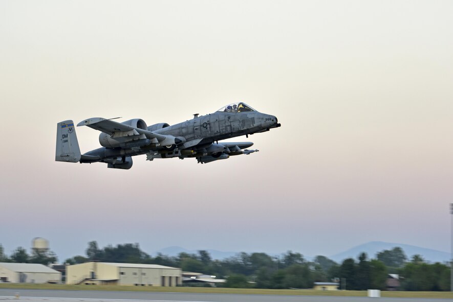 Lt. Col. Ben Rudolphi, 407th Expeditionary Operation Support Squadron commander, takes off in an A-10 Thunderbolt II July 11, 2017, at Incirlik Air Base, Turkey. Rudolphi has provided a dual role in Operation Inherent Resolve as the commander of the 407th EOSS in Southwest Asia and as an A-10 pilot, flying missions with the 447th Air Expeditionary Group.The A-10 supports ground forces with rapid employment close air and contact support. It utilizes a variety of bomb, missiles and a 30mm GAU-8 seven-barrel Gatling gun.(U.S. Air Force photo by Senior Airman Ramon A. Adelan)