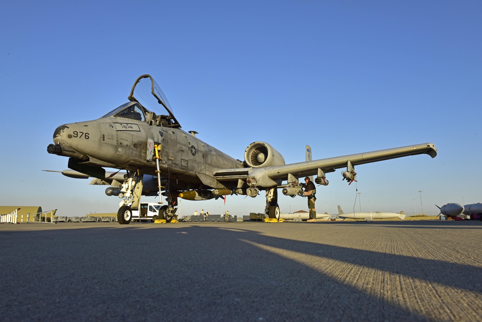 Lt. Col. Ben Rudolphi, 407th Expeditionary Operation Support Squadron commander, conducts a preflight check on an A-10 Thunderbolt II July 11, 2017, at Incirlik Air Base, Turkey. Rudolphi has provided a dual role in Operation INHERENT RESOLVE as the commander of the 407th EOSS in Southwest Asia and being directly in the fight against ISIS conducting A-10 flying missions with the 447th Air Expeditionary Group.The A-10 supports ground forces with rapid employment close air and contact support. It utilizes a variety of bomb, missiles and a 30mm GAU-8 seven-barrel Gatling gun. (U.S. Air Force photo by Senior Airman Ramon A. Adelan)