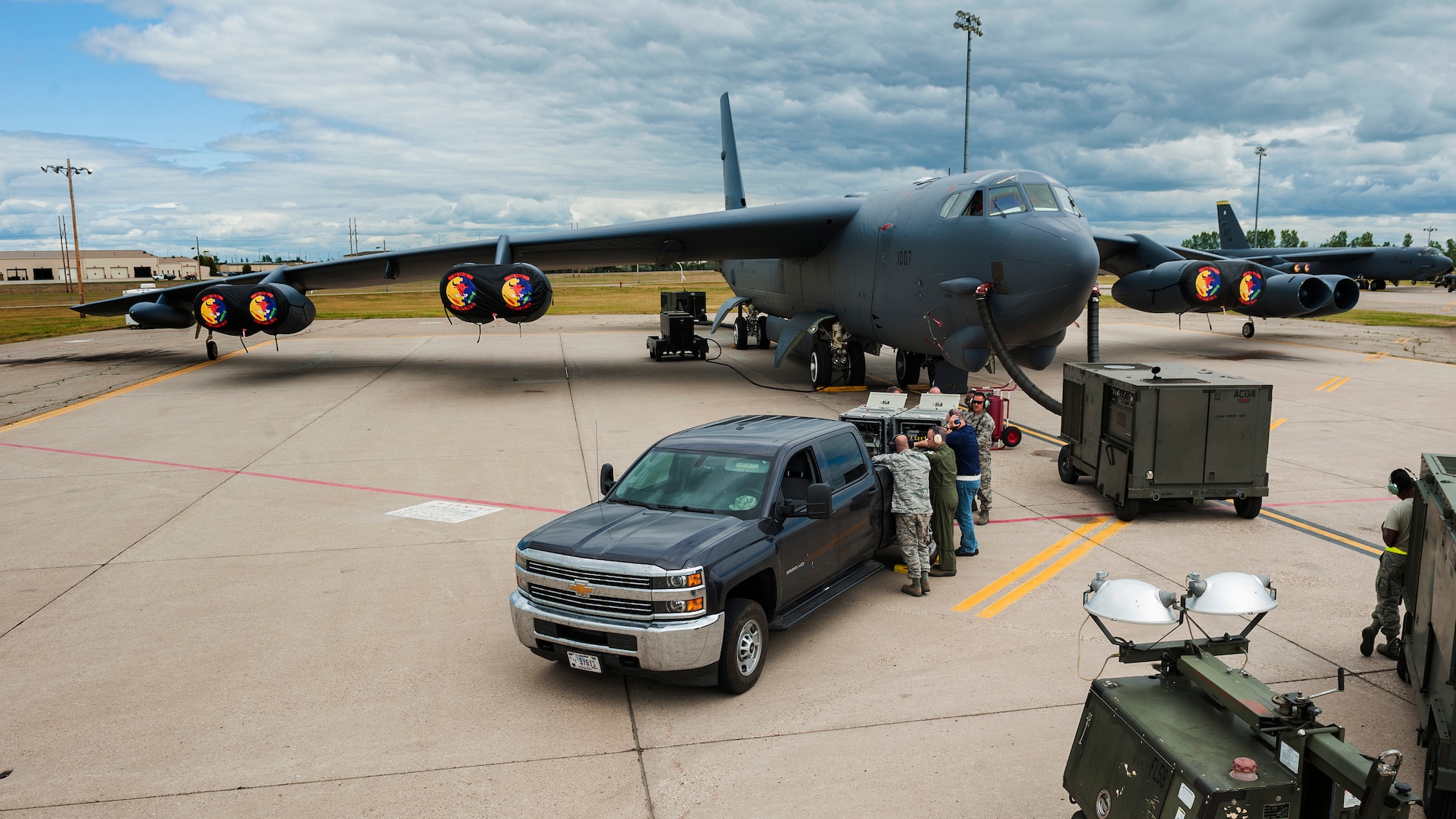 Airmen from the 5th Bomb Wing and 16th Electronic Warfare Squadron participate in Combat Shield at Minot Air Force Base, N.D., July 12, 2017. Combat Shield is an evaluation for assessing the electronic warfare readiness of aircraft. (U.S. Air Force photos/Senior Airman J.T. Armstrong)