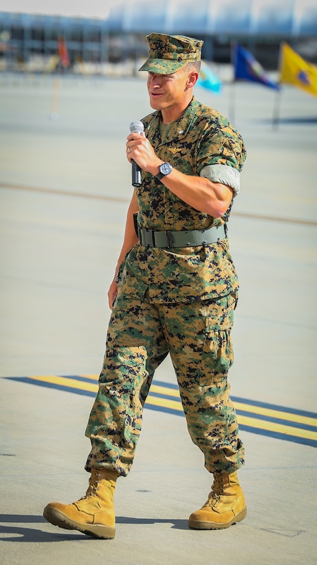 Lt. Col. Adam Levine speaks during a Post and Relief ceremony aboard Marine Corps Air Station Beaufort, July 12. During the ceremony, Sgt. Maj. Joshua Crayton was relieved of duty as Marine Fighter Attack Training Squadron 501’s sergeant major by Sgt. Maj. John. R. Preston. Levine is the commanding officer of Marine Fighter Attack Training Squadron 501. 

