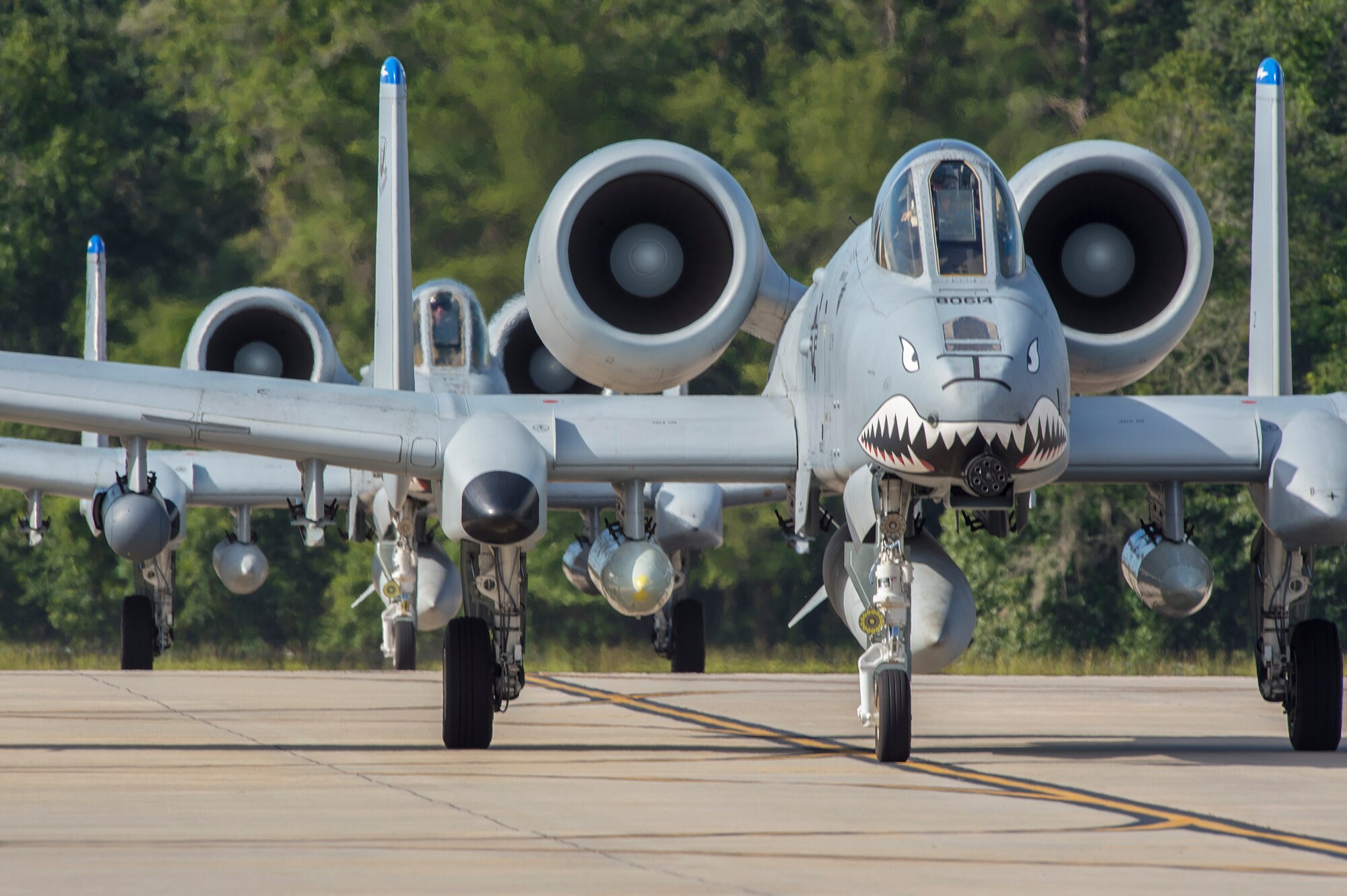 Moody’s 74th Fighter Squadron’s A-10C Thunderbolt IIs taxi on the runway, July 11, 2017, at Moody Air Force Base, Ga. More than 300 Airmen deployed to Southwest Asia to aid the 74th Fighter Squadron’s A-10 mission in support of Operation Inherent Resolve. (U.S. Air Force photo by Senior Airman Greg Nash)