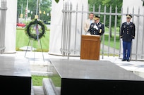 Brigadier General Stephen E. Strand, deputy commanding general for the U.S. Army Reserve's 88th Regional Support Command, tells the crowd about the accomplishments of the 29th President of the United States Warren G. Harding during a wreath laying ceremony to honor the former president in Marion, Ohio, July 15.