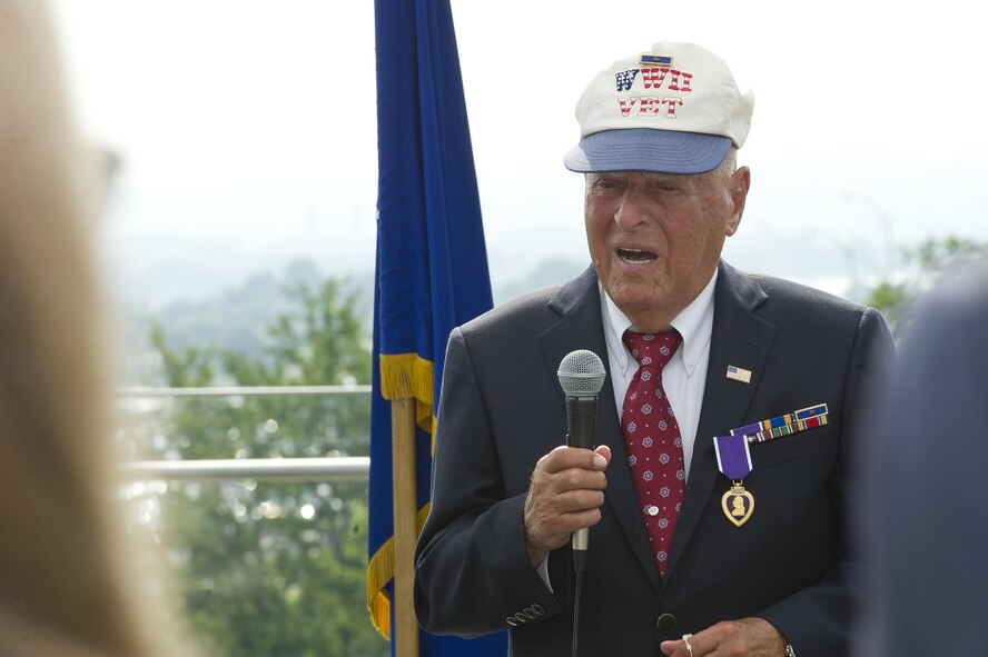 Second Lieutenant John Pedevillano, speaks about his love for the country and reflects on service members sacrifices during a Purple Heart presentation ceremony in his honor at the Air Force Memorial, Jul. 14, 2017.  Pedevillano, a B-17 bombardier pilot, received the award for wounds he incurred during a forced march as a World War II prisoner of war.  While assigned to the 306th Bomb Group, he and his crew were shot down during a bombing mission in airspace over Nazi Germany on Apr. 24, 1944. (U.S. Air Force photo by Master Sgt. Lee Osberry)