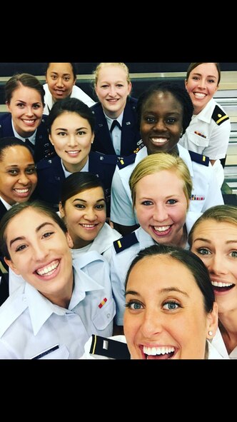 2nd Lt. Taylor Parker, 10th Missile Squadron missileer, center, takes a selfie with her teammates during the Armed Forces Volleyball Tournament. Parker, was one out of 12 women selected from three military teams to move on to play for the Armed Forces game.  (Courtesy photo)


