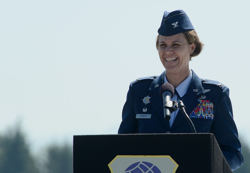 Col. Rebecca Sonkiss, 62nd Airlift Wing commander, addresses the audience upon assuming command of the 62nd AW, July 14, 2017, at Joint Base Lewis-McChord, Wash. Sonkiss is a command pilot with more than 4,100 hours flown in the C-17 Globemaster III, the T-37B, and the T-44, among others. (U.S. Air Force photo/Staff Sgt. Divine Cox)