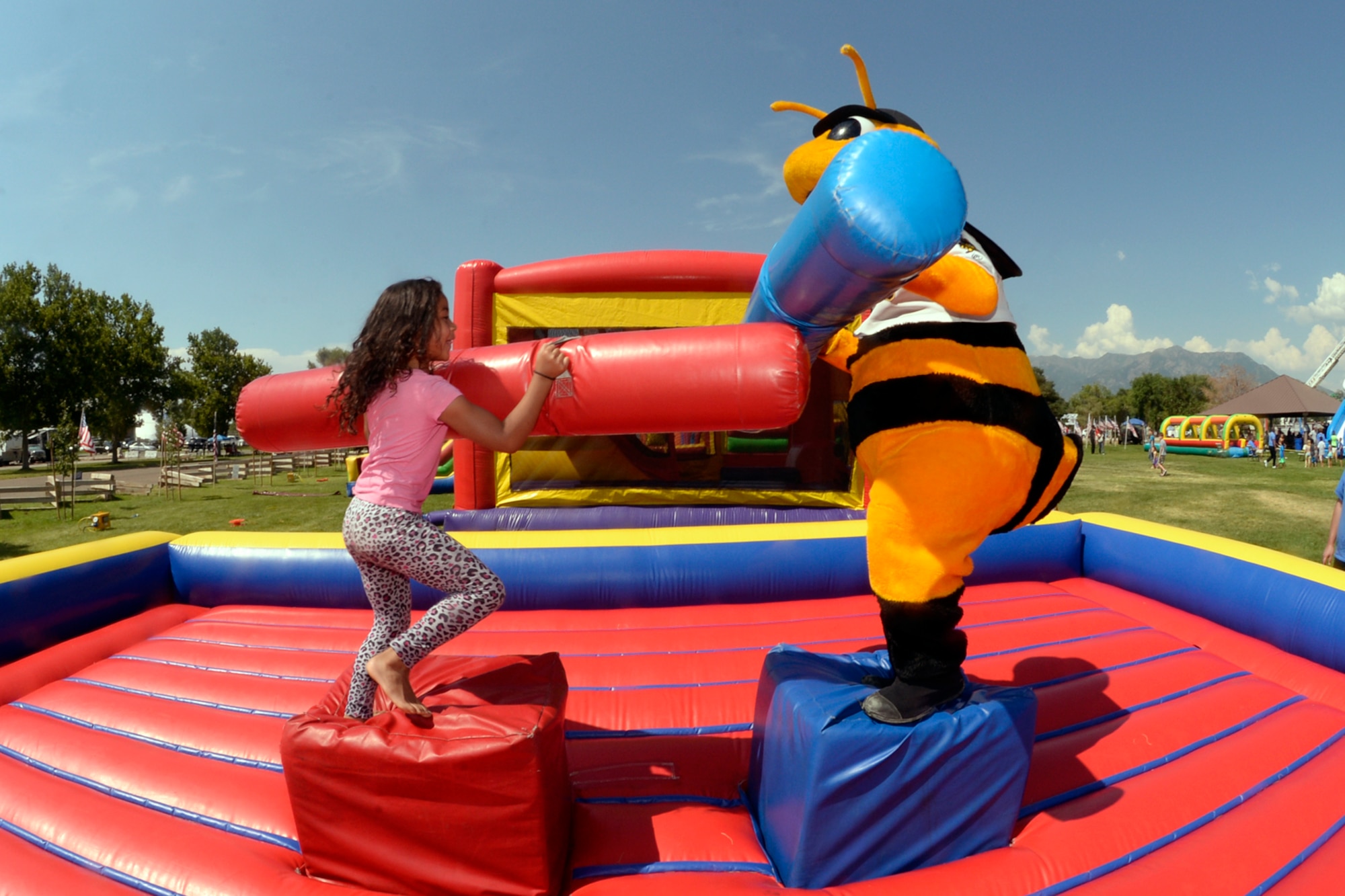 The Salt Lake Bees baseball team mascot plays knock down with military families and children at the annual Salute Picnic, July 14 at Centennial Park. The event pulled dozens of community sponsors together to provide a day of food and fun for military members and families, and showed appreciation to those who serve. (Air Force photo/Todd Cromar)