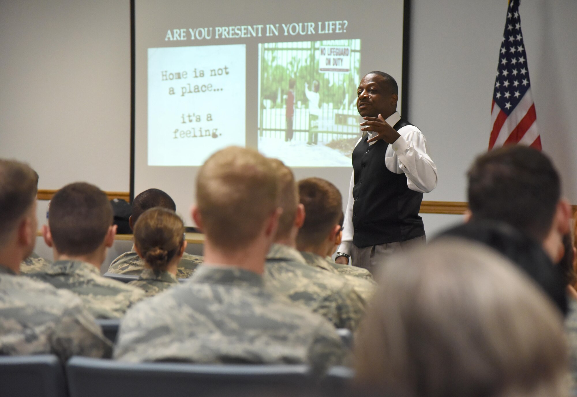 Retired Chief Master Sgt. Anthony Brinkley speaks during a character development seminar at the Sablich Center July 13, 2017, on Keesler Air Force Base, Miss. The interactive discussion was designed to positively encourage attendees to become more well-rounded leaders and team members. (U.S. Air Force photo by Kemberly Groue)