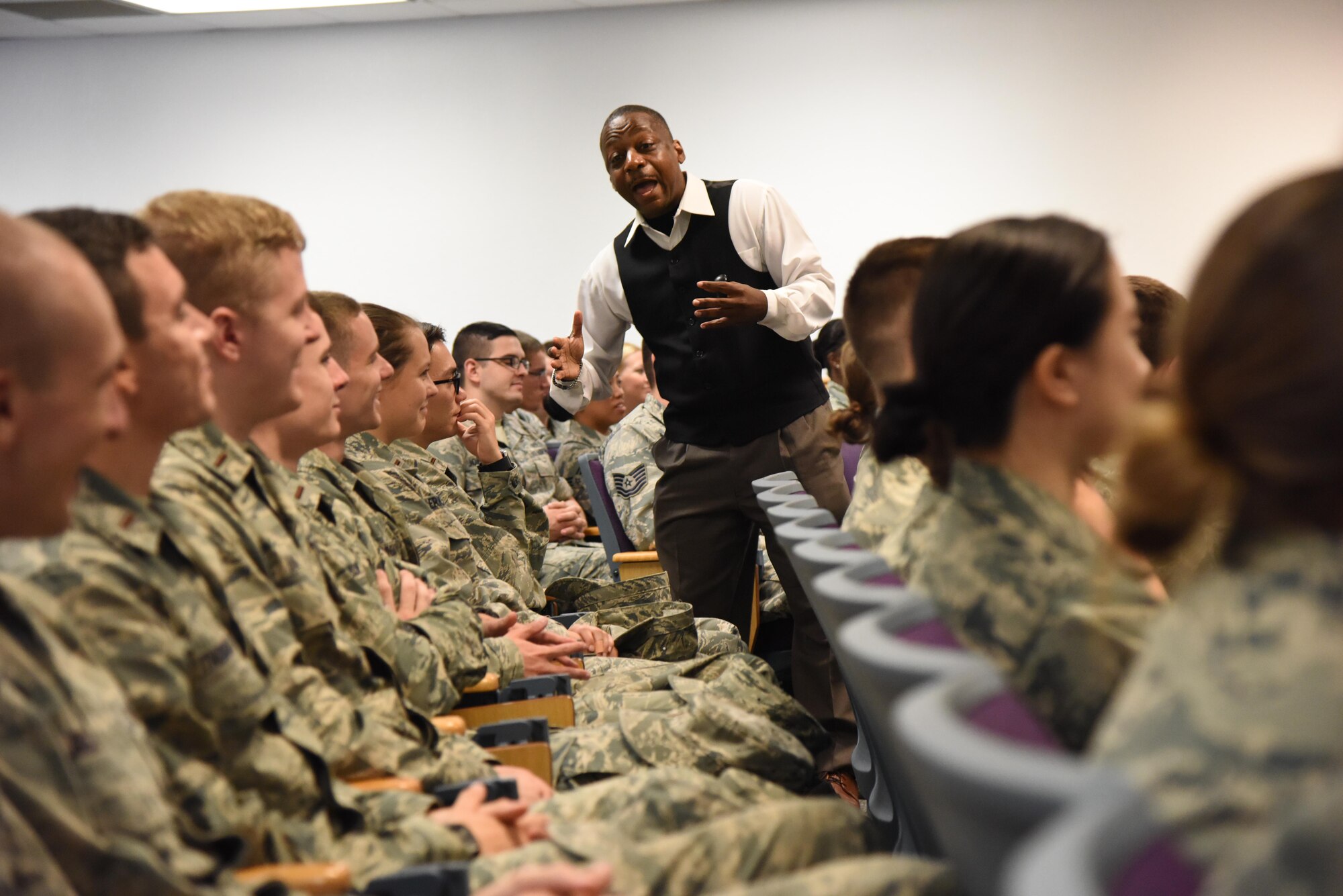 Retired Chief Master Sgt. Anthony Brinkley speaks during a character development seminar at the Sablich Center July 13, 2017, on Keesler Air Force Base, Miss. The interactive discussion was designed to positively encourage attendees to become more well-rounded leaders and team members. (U.S. Air Force photo by Kemberly Groue)